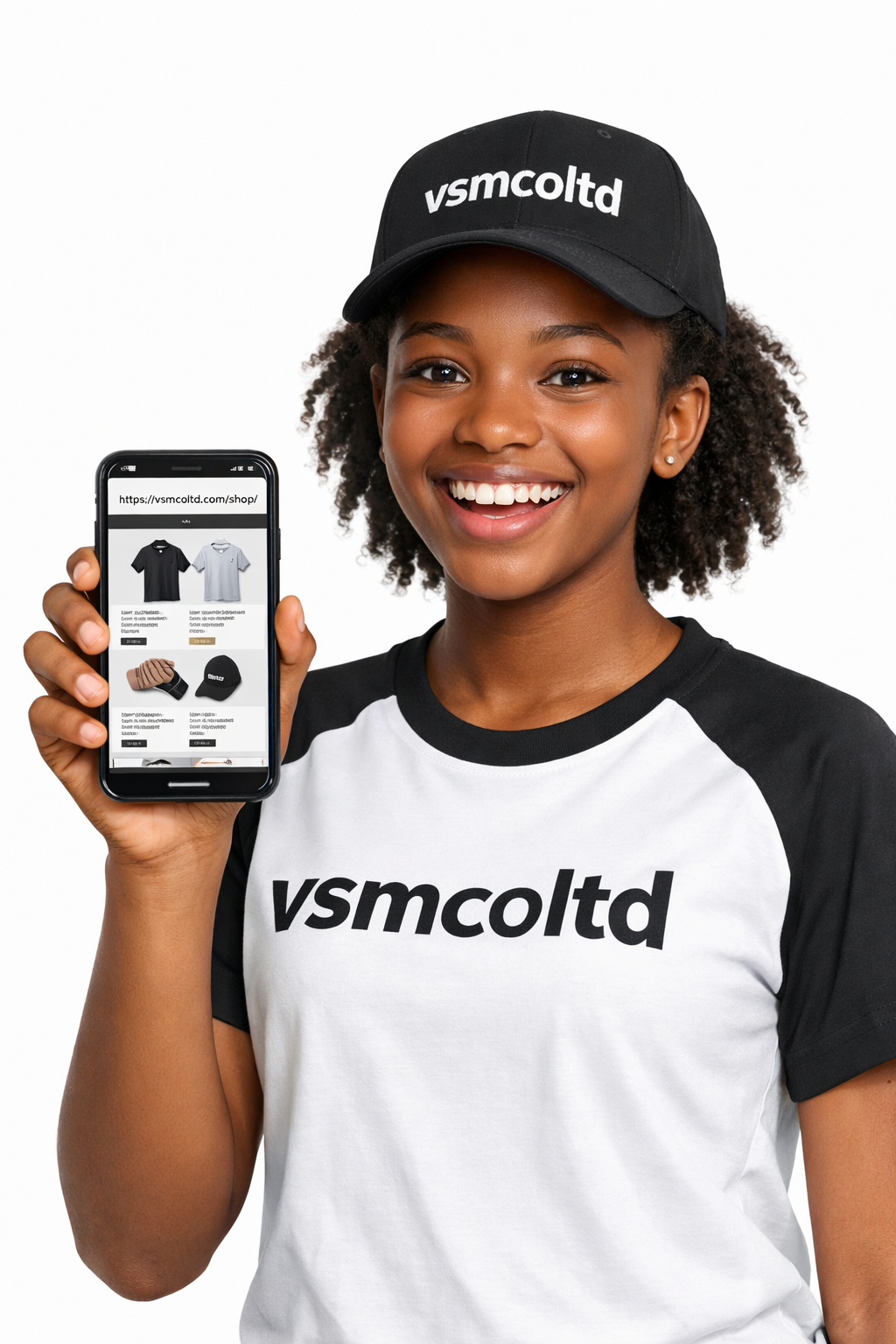 A young Nigerian girl wearing a casual uniform T-shirt in white and black, with "vsmcoltd"